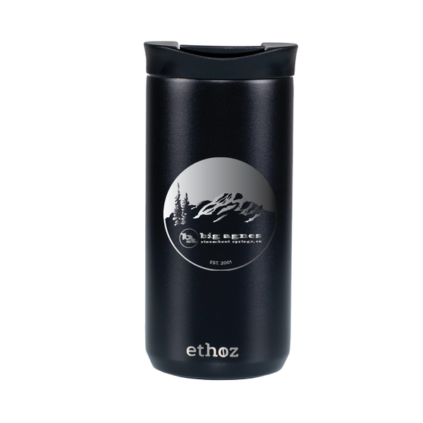 Black insulated tumbler with a logo and brand name on a white background