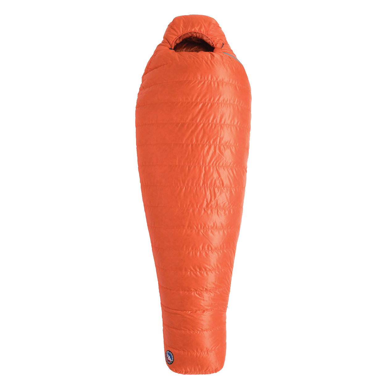 The Big Agnes Greystone 20° is a bright orange, mummy-style sleeping bag with DownTek insulation and a hood, shown vertically against a white background—ideal for backpacking adventures.