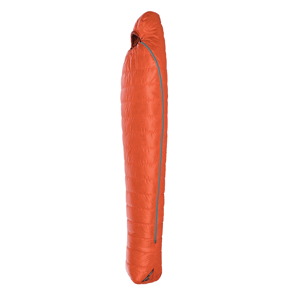 The Big Agnes Returns Greystone 20° is a red, mummy-style sleeping bag with DownTek insulation, a hooded top, and a side zipper—ideal for backpacking adventures.