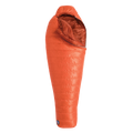 The Big Agnes Returns Greystone 20° is an orange, mummy-style sleeping bag with a hood and DownTek insulation, designed for warm backpacking trips, shown upright against a white background.