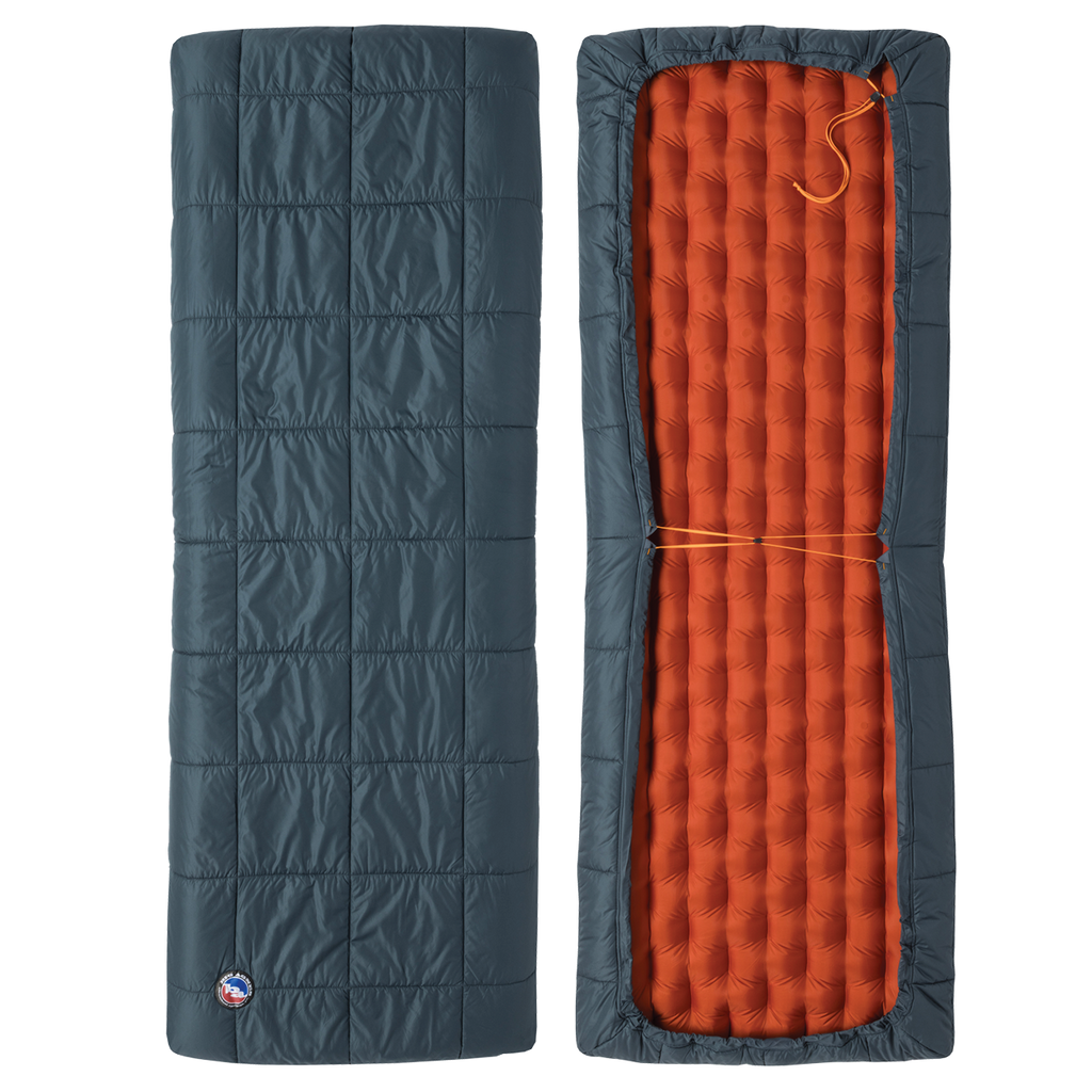 Two sleeping bags, one blue and one orange, on a white background