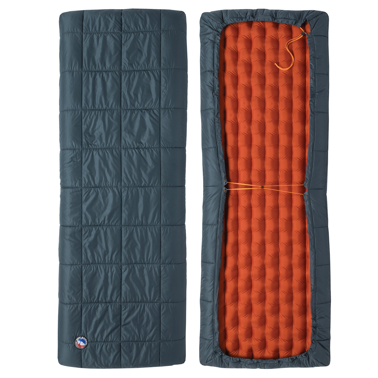 Two sleeping bags, one blue and one orange, on a white background