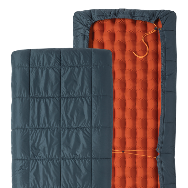 Two sections of a sleeping bag, one blue quilted and one orange inflatable, on a white background.
