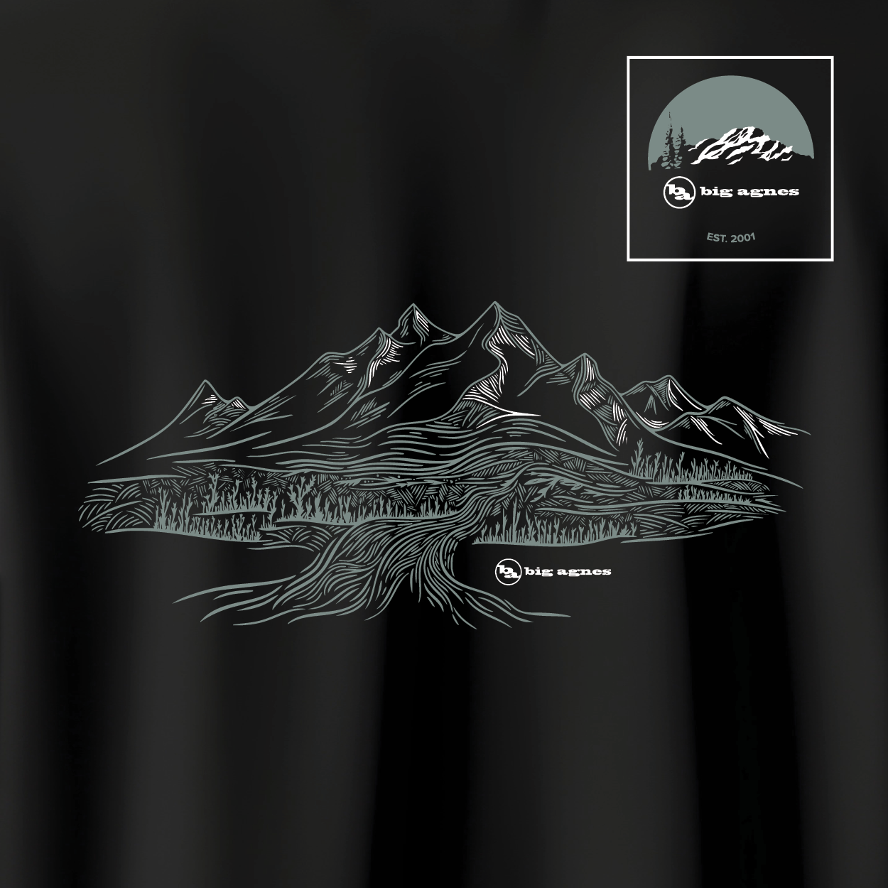 Black t-shirt with mountain design and 'Big Agnes Returns' logo on a dark background