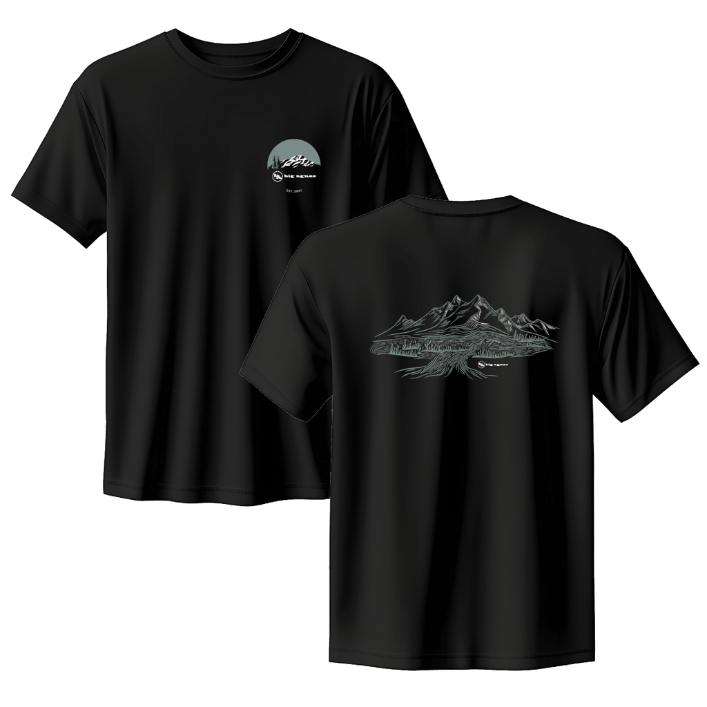 Black t-shirt with mountain graphic on front and logo on back, displayed against a white background.