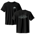 Black t-shirt with mountain graphic on front and logo on back, displayed against a white background.