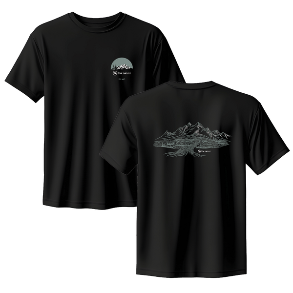 Black t-shirt with mountain graphic on front and logo on back, displayed against a white background.