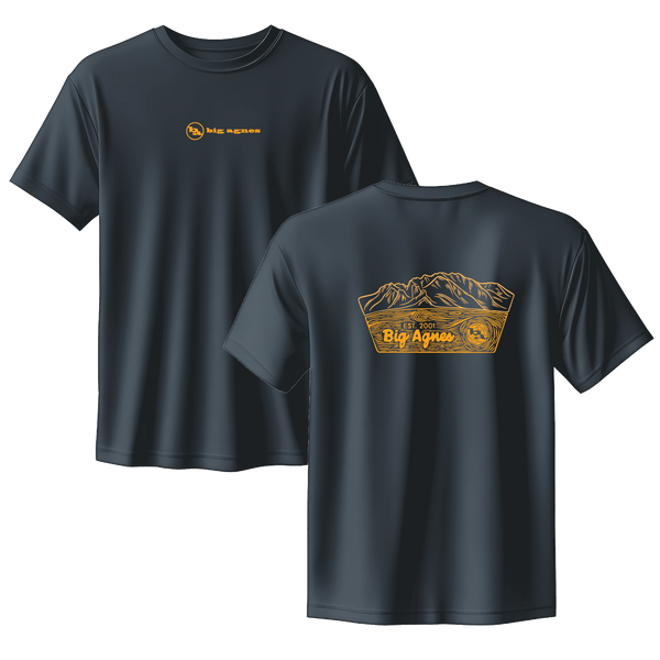 Black t-shirt with gold graphics and text on a white background