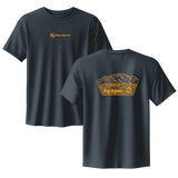 Black t-shirt with gold graphics and text on a white background