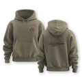Khaki hoodie with front and back designs on a white background