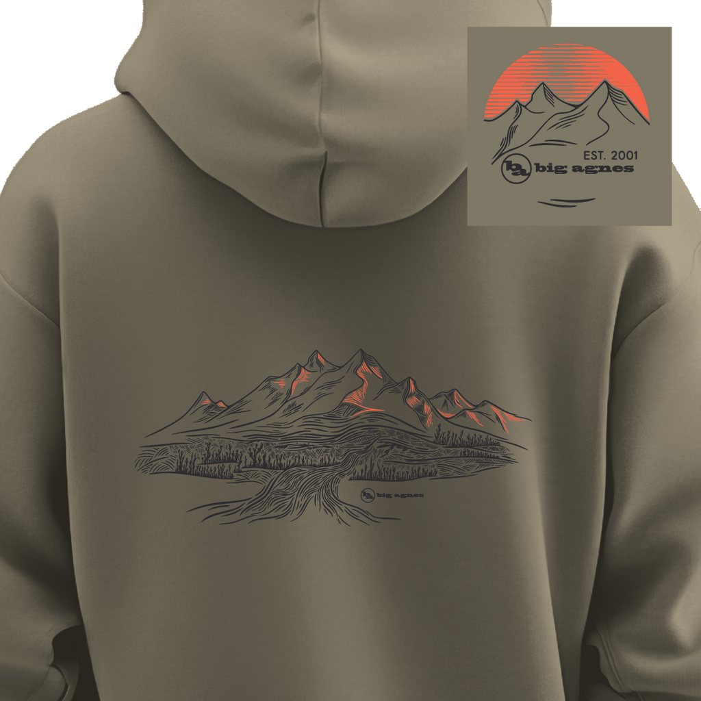 Khaki hoodie with mountain design on the back, featuring Big Agnes logo.