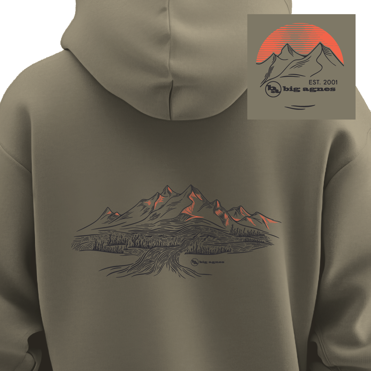 Khaki hoodie with mountain design on the back, featuring Big Agnes logo.