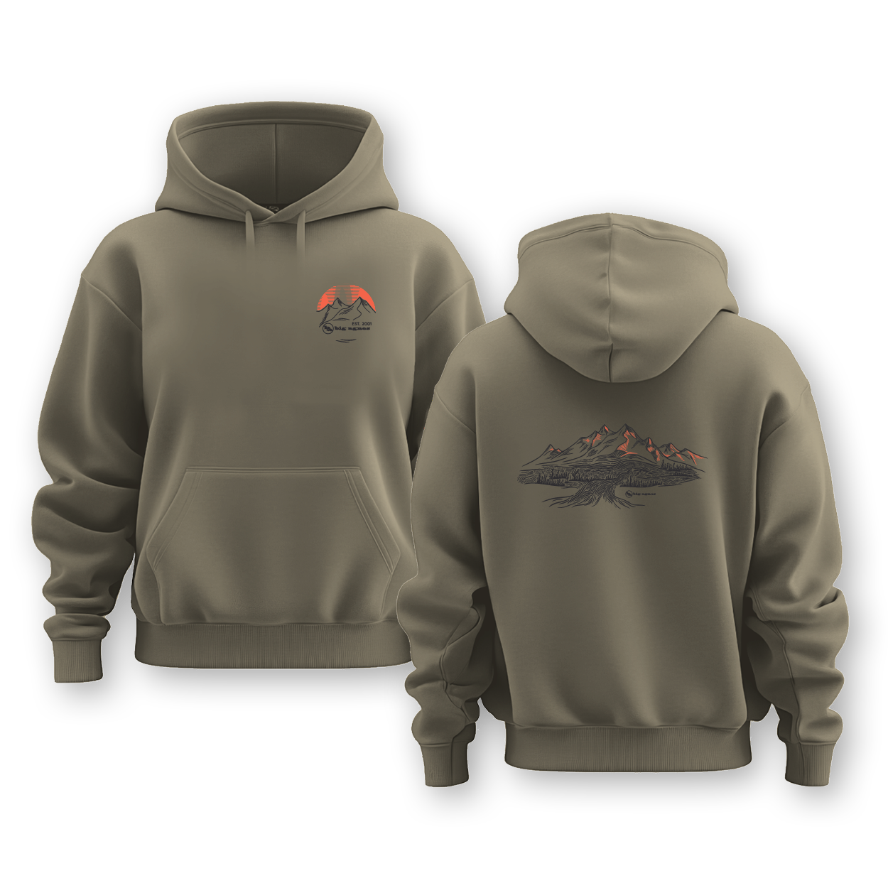 Khaki hoodie with front and back designs on a white background