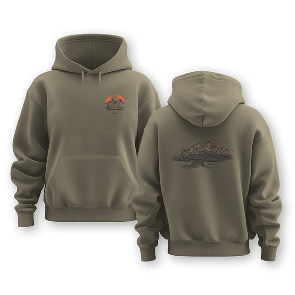 Khaki hoodie with front and back designs on a white background