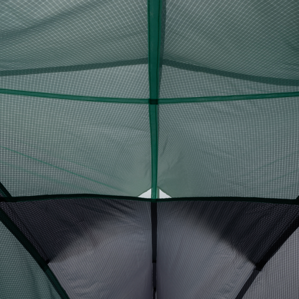 View from inside a Big Agnes Pitchpine VST 1.5 tent, looking up at the green mesh roof and intersecting poles as light filters through the Hyperbead fabric.