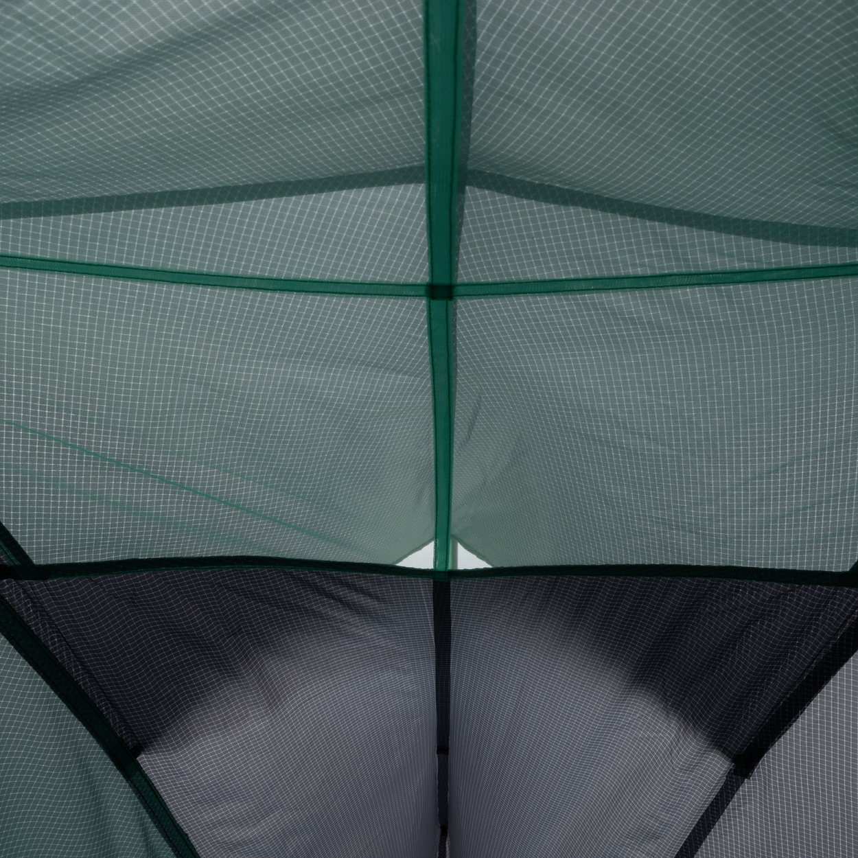 View from inside a Big Agnes Returns Pitchpine VST 1.5 tent, looking up at the green mesh roof and intersecting poles as light filters through the Hyperbead fabric.