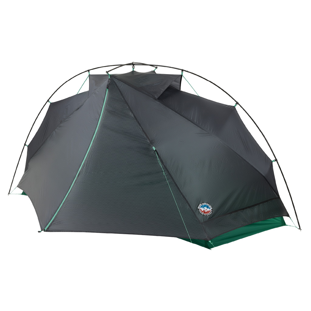 The Big Agnes Pitchpine VST 1.5 is a dark gray, dome-shaped tent with green accents, made from Hyperbead fabric. It features multiple support poles and a logo patch near the bottom edge, shown set up against a white background.