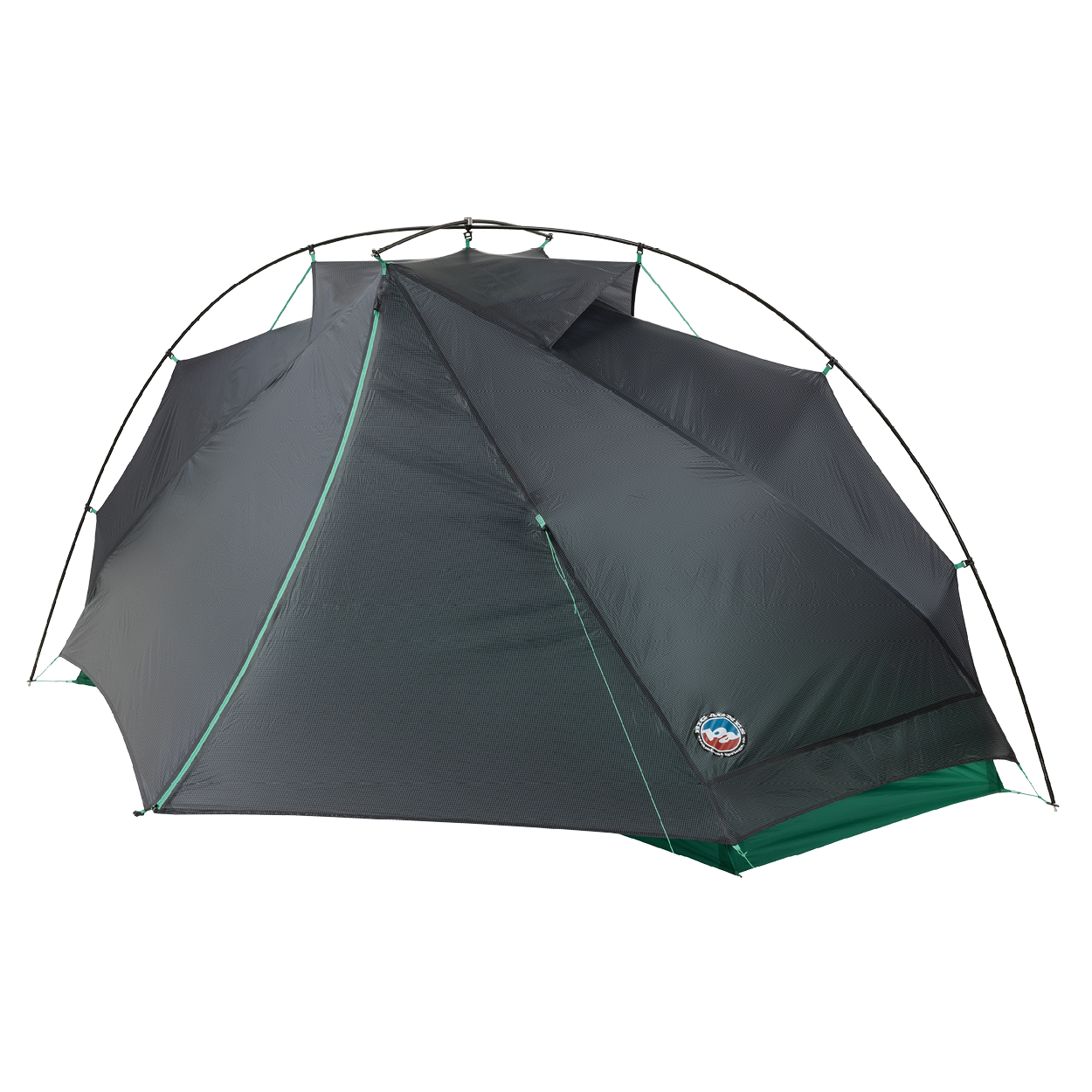 The Big Agnes Pitchpine VST 1.5 is a dark gray, dome-shaped tent with green accents, made from Hyperbead fabric. It features multiple support poles and a logo patch near the bottom edge, shown set up against a white background.