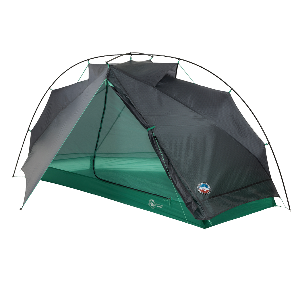 The Big Agnes Pitchpine VST 1.5, a green and gray dome-shaped tent with a mesh door, is displayed partially open on a white background. Made from Hyperbead fabric, this ultralight shelter is ideal for your next adventure.