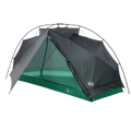 The Big Agnes Returns Pitchpine VST 1.5, a green and gray dome-shaped tent with a mesh door, is displayed partially open on a white background. Made from Hyperbead fabric, this ultralight shelter is ideal for your next adventure.