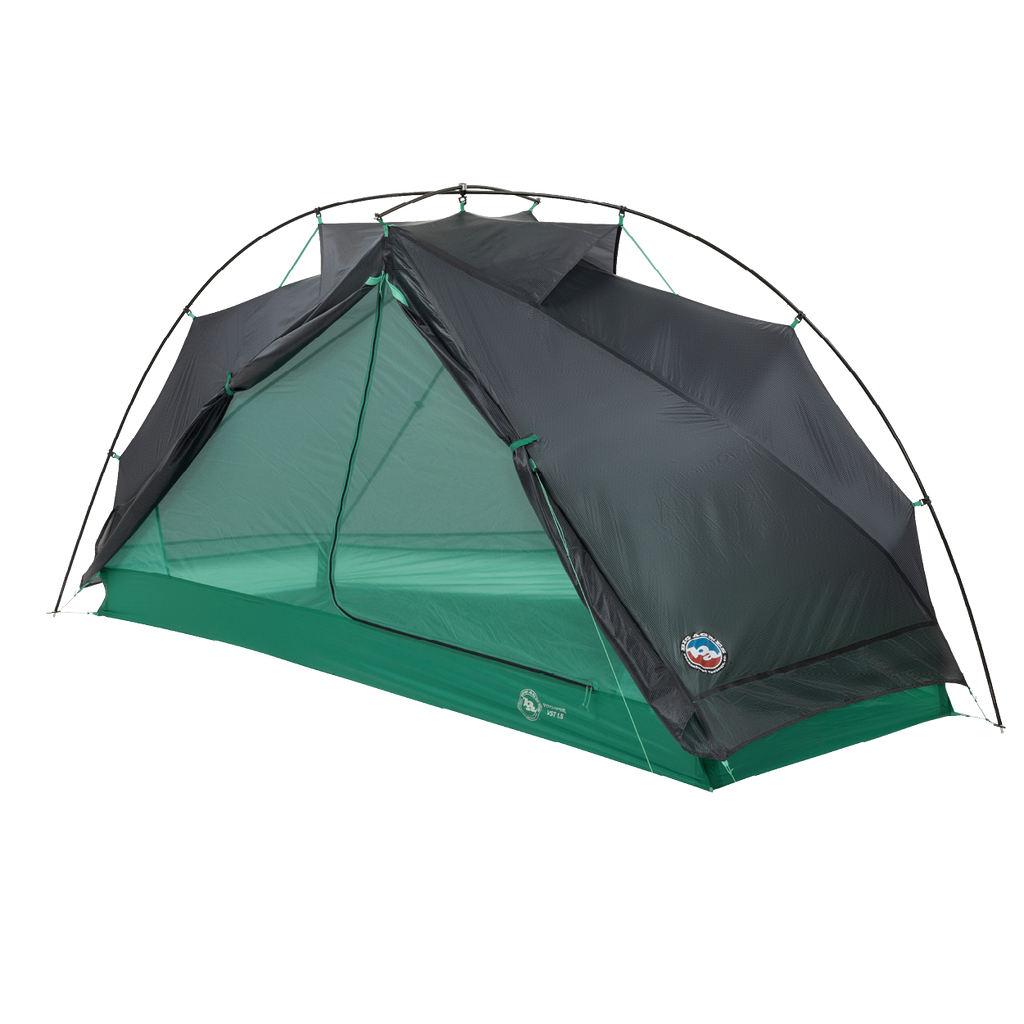 The Big Agnes Pitchpine VST 1.5, a lightweight green and black dome tent with mesh sides, open entrance, and external poles, is shown on a white background—an ultralight shelter ideal for convenient camping adventures.