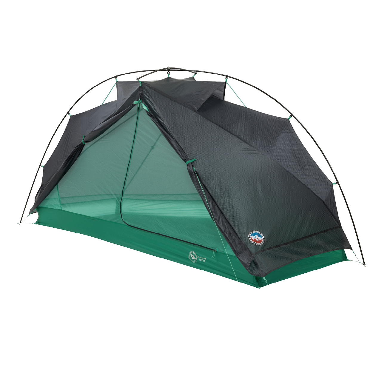 The Big Agnes Pitchpine VST 1.5, a lightweight green and black dome tent with mesh sides, open entrance, and external poles, is shown on a white background—an ultralight shelter ideal for convenient camping adventures.