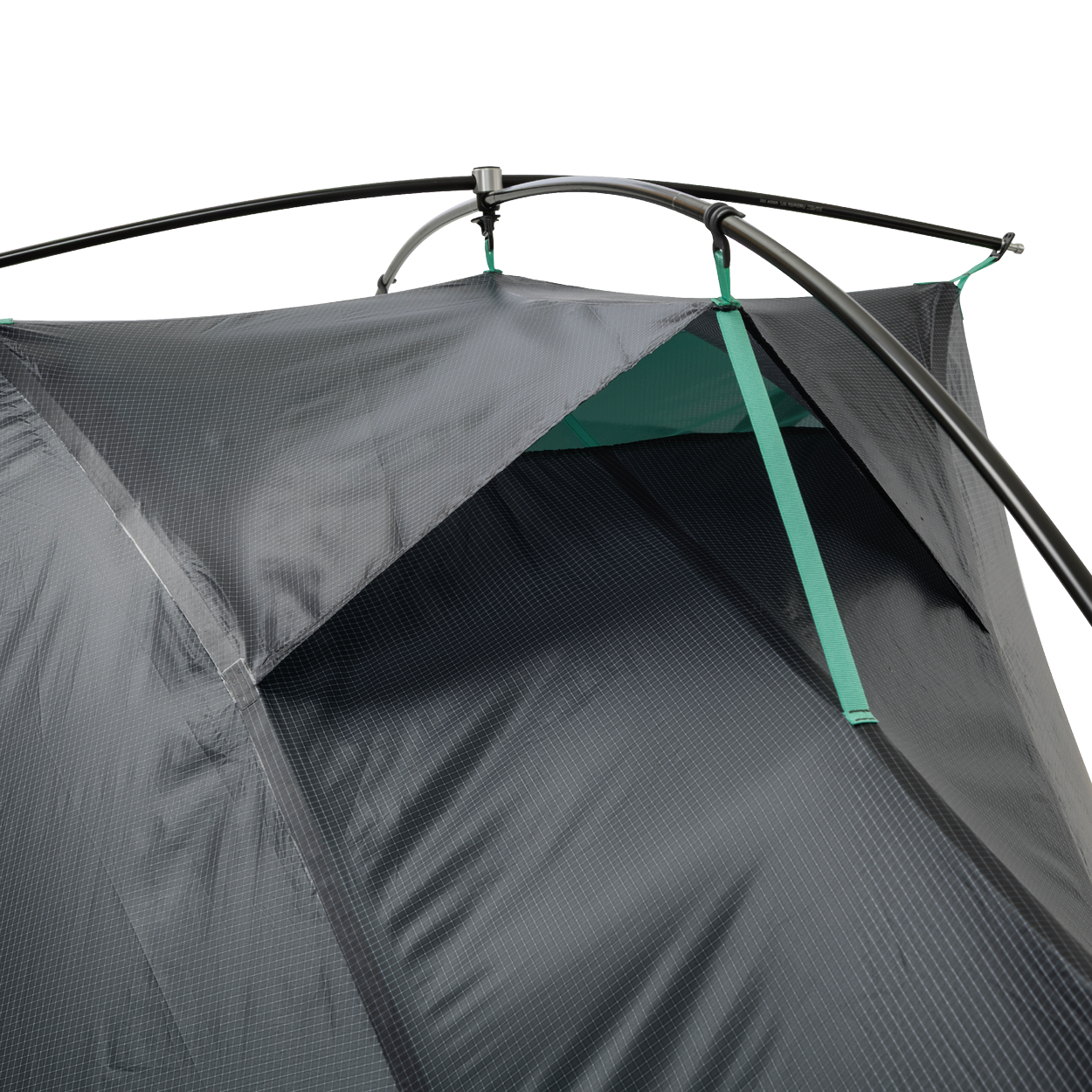A close-up of the upper section of the Big Agnes Pitchpine VST 1.5 tent, highlighting its Hyperbead fabric texture, green support poles, and a vent with green trim, set against a plain white background.