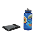 A folded black Pitchpine VST 1.5 Footprint from Big Agnes Returns sits beside a blue water bottle with colorful outdoor-themed stickers, both placed on a plain white background.