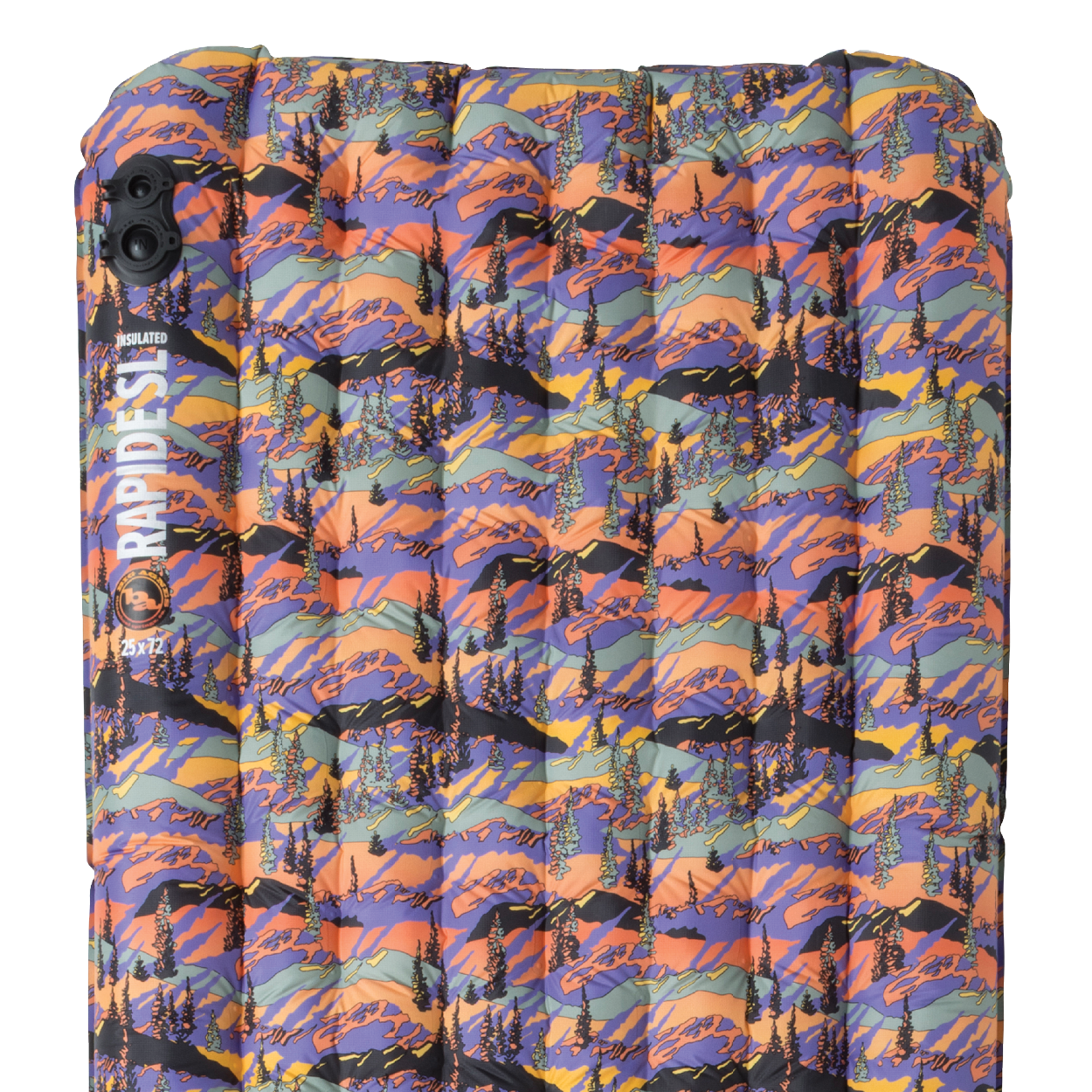 Multicolored patterned sleeping bag with brand name on a white background