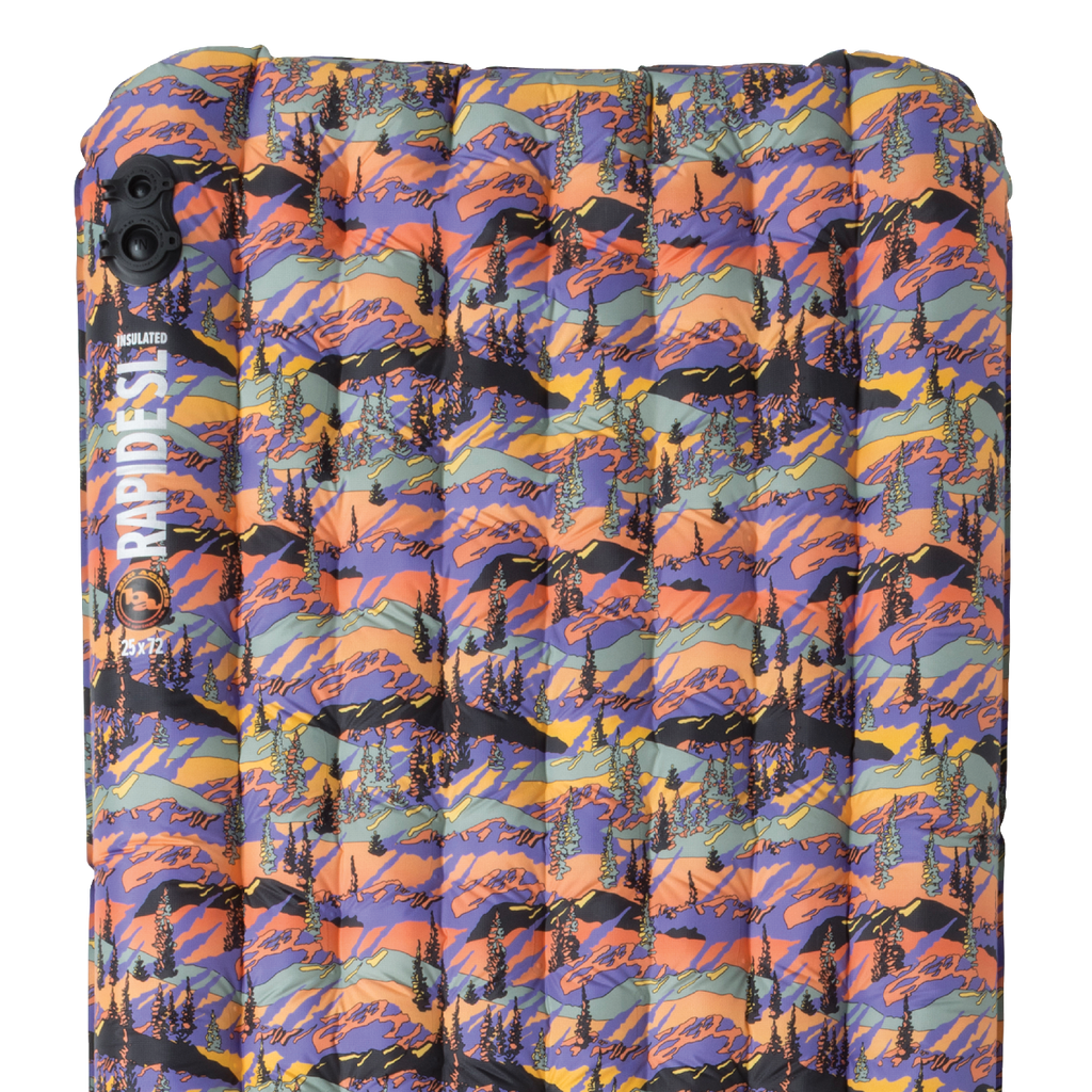 Multicolored patterned sleeping bag with brand name on a white background