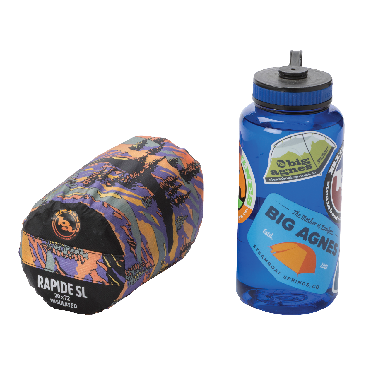 Sleeping bag and water bottle with Big Agnes Returns branding on a white background