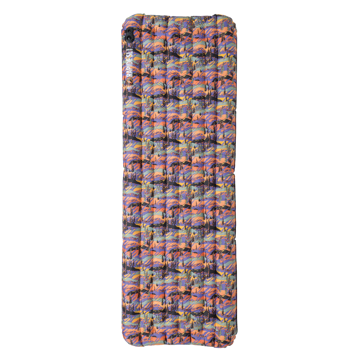 Multicolored inflatable camping pad on a white background