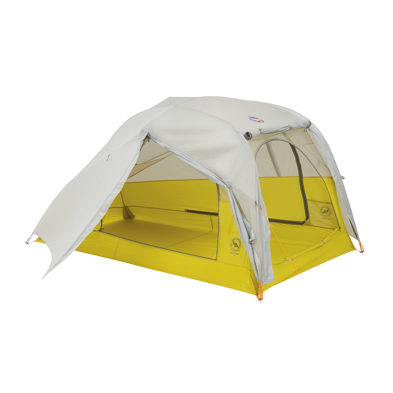 The Big Agnes Salt Creek 2 is a lightweight, two-person backpacking tent with a yellow base, mesh sides for panoramic views, and a light gray rainfly partially covering the top, set up and ready for use.