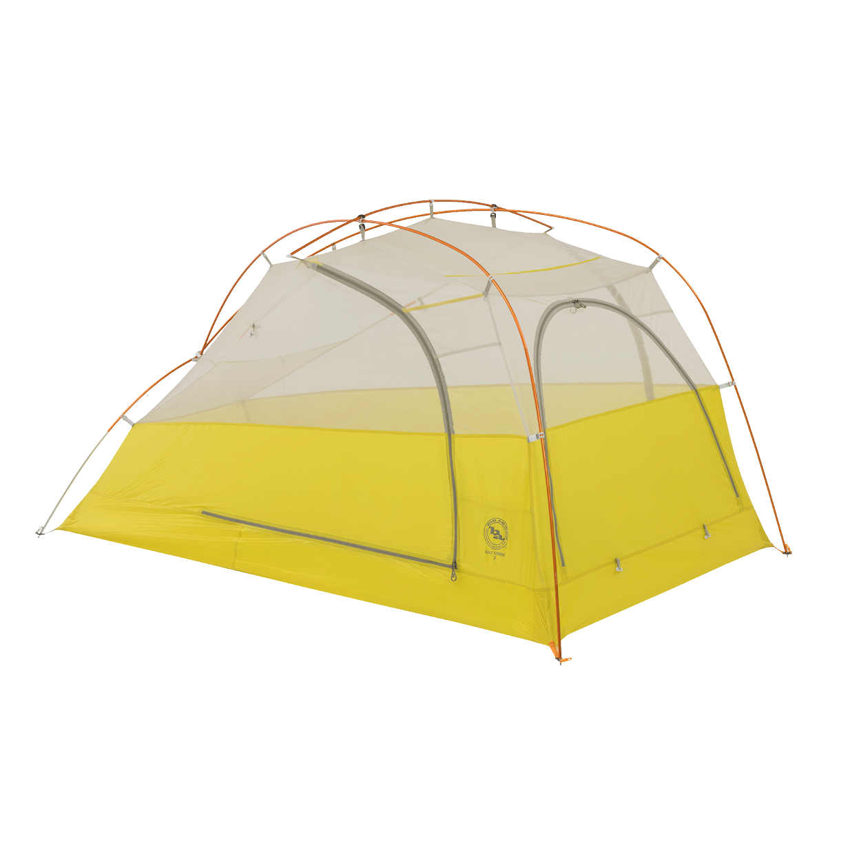 The Big Agnes Salt Creek 2 is a lightweight yellow and gray backpacking tent with mesh upper panels for panoramic views and orange poles, shown set up on a white background.