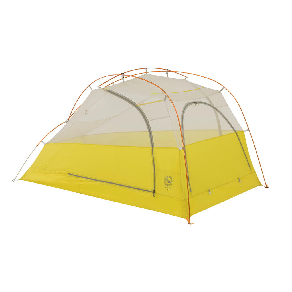 The Big Agnes Returns Salt Creek 2 is a lightweight yellow and gray backpacking tent with mesh upper panels for panoramic views and orange poles, shown set up on a white background.