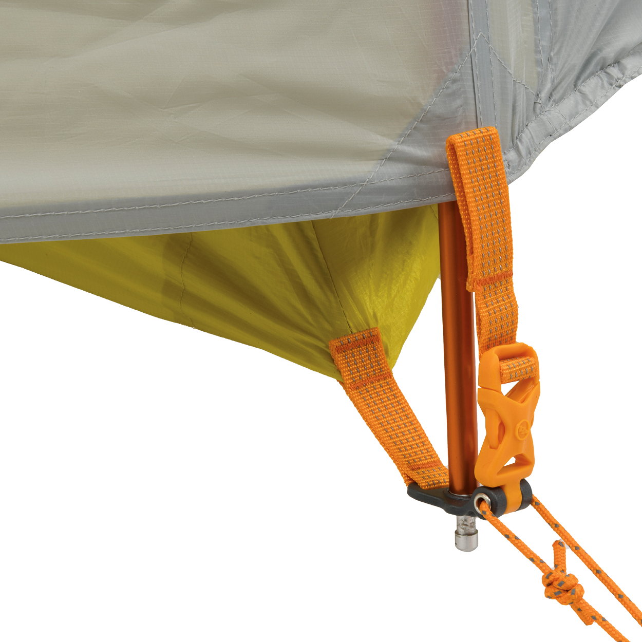 Close-up of the Big Agnes Returns Salt Creek 2 tent corner reveals orange straps, yellow fabric, and an orange pole secured by a metal pin, clip, and guyline—perfect for campers seeking durable gear with panoramic views.