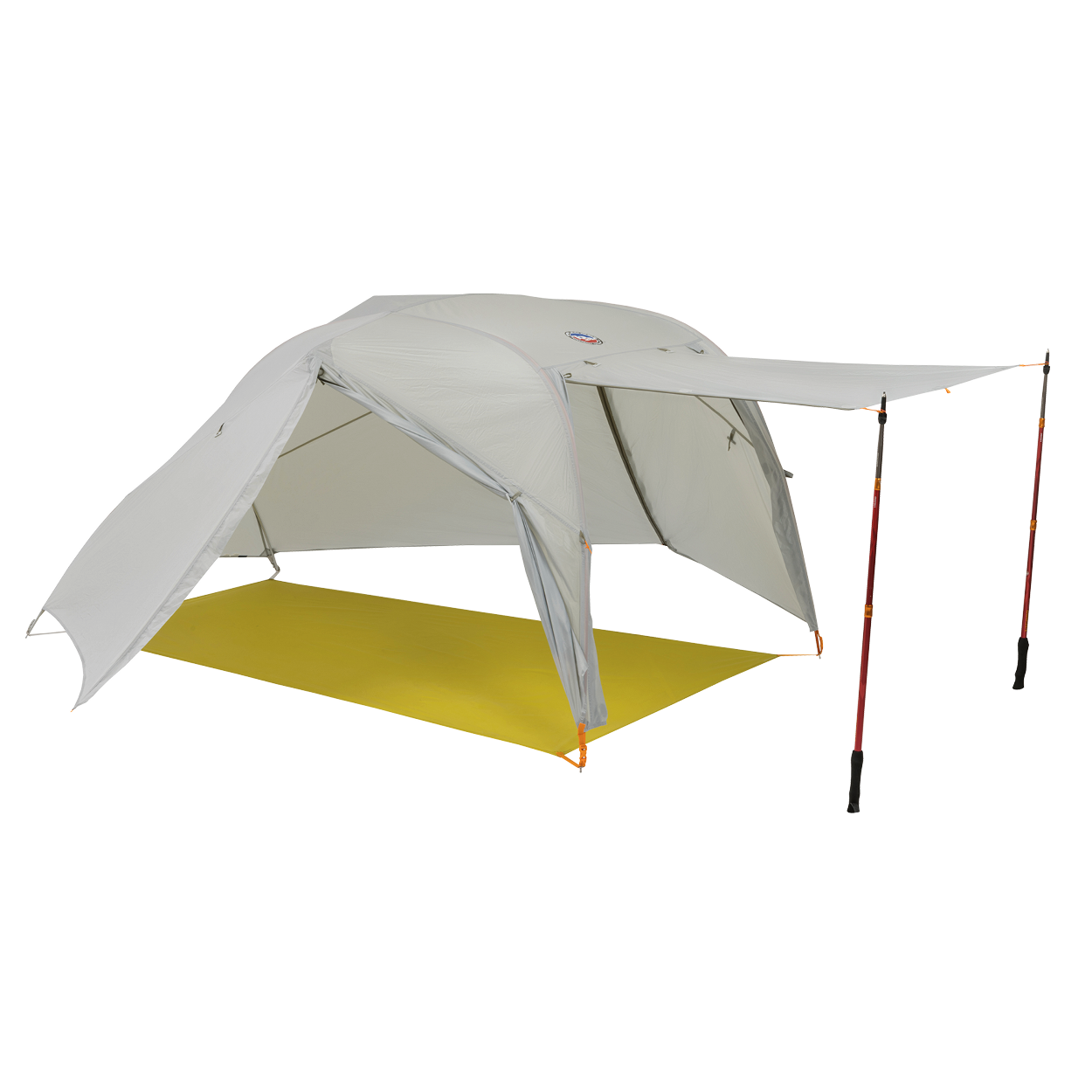The Big Agnes Returns Salt Creek 2, a light gray backpacking tent, is shown with one side propped open by trekking poles for an awning and panoramic views, set up on a bright yellow groundsheet.