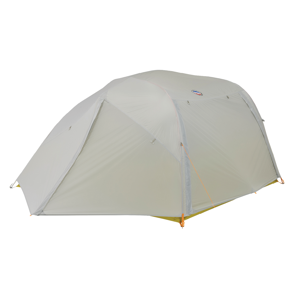 The Big Agnes Returns Salt Creek 3 is a light grey, dome-shaped car camping tent with a rainfly, orange adjustment cords, and corner stakes, designed for comfort and panoramic outdoor views. Shown pitched on a white background.