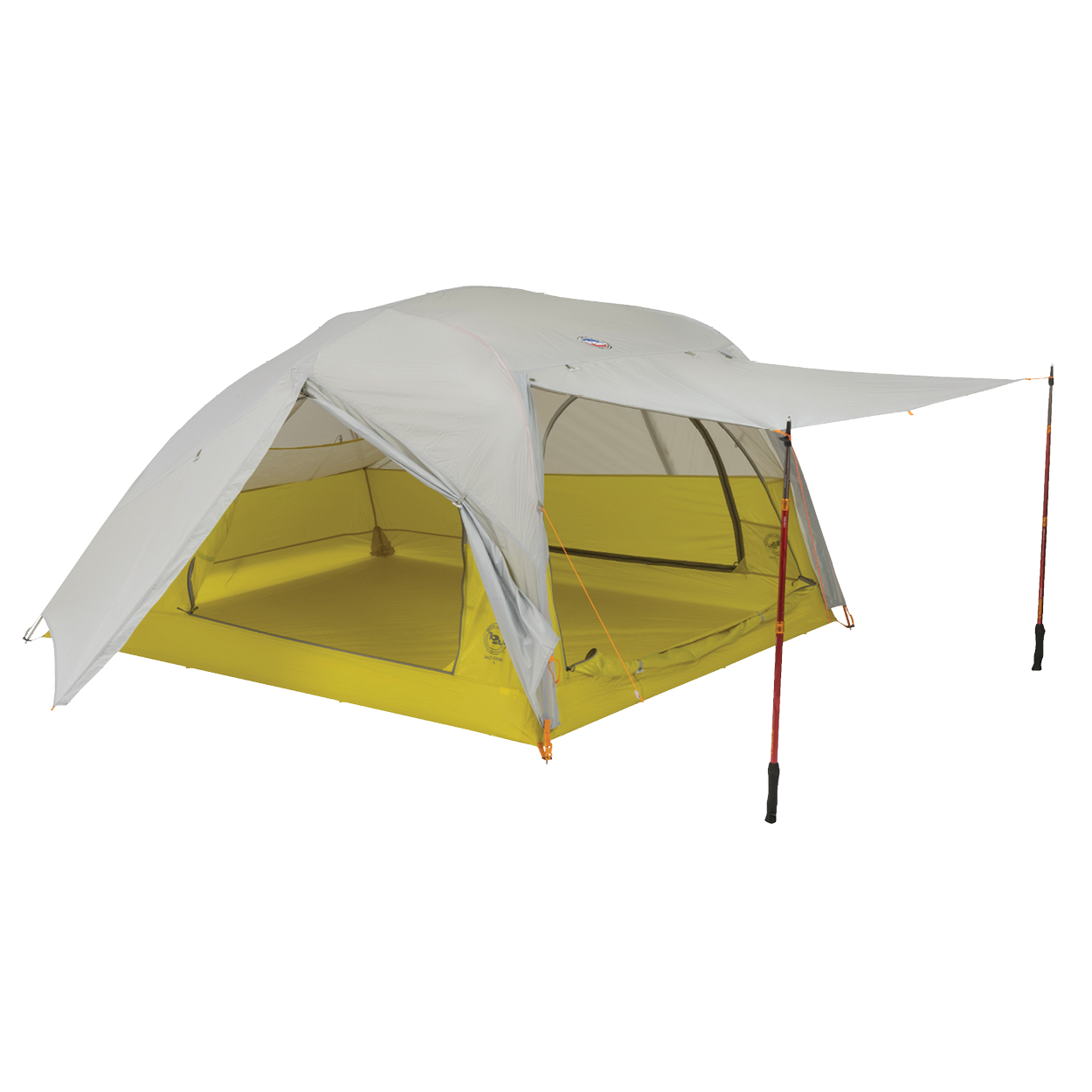 The Big Agnes Returns Salt Creek 3, shown in yellow and gray on a white background, is a backpacking tent with a spacious interior, large rainfly with extended awning supported by two trekking poles, and mesh windows for panoramic views.
