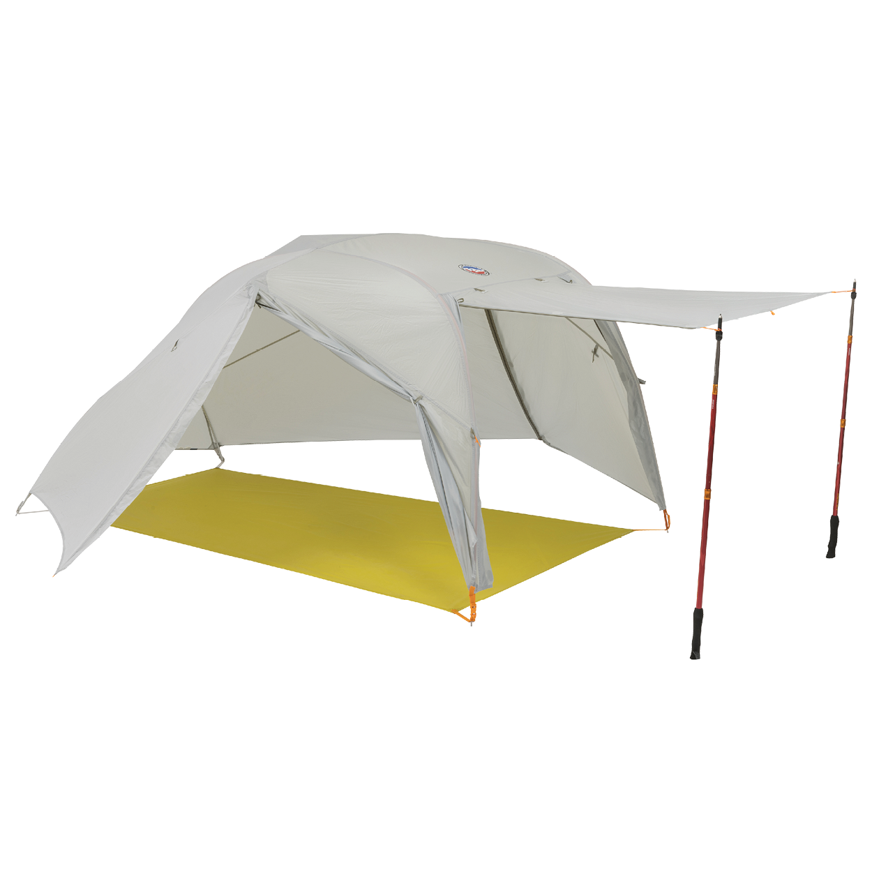 The Big Agnes Salt Creek 3 is a light gray backpacking tent with an extended canopy supported by trekking poles and a bright yellow groundsheet, shown on a white background—ideal for panoramic views on your next adventure.