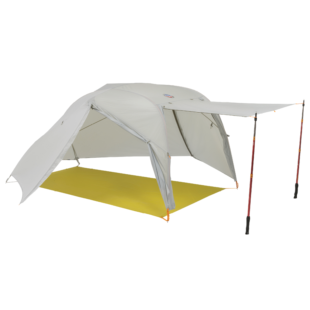 The Big Agnes Returns Salt Creek 3 is a light gray backpacking tent with an extended canopy supported by trekking poles and a bright yellow groundsheet, shown on a white background—ideal for panoramic views on your next adventure.