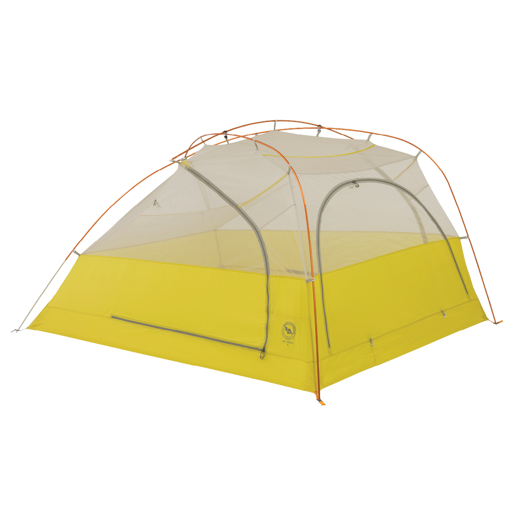 The Big Agnes Returns Salt Creek 3 is a lightweight yellow and gray backpacking tent with orange poles, a mesh upper for panoramic views, two doors, and a rectangular base, shown set up against a white background.