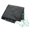 The Big Agnes Returns Sarvis VST 3 Footprint, a black tent floor with attached green cords, is displayed against a plain white background.