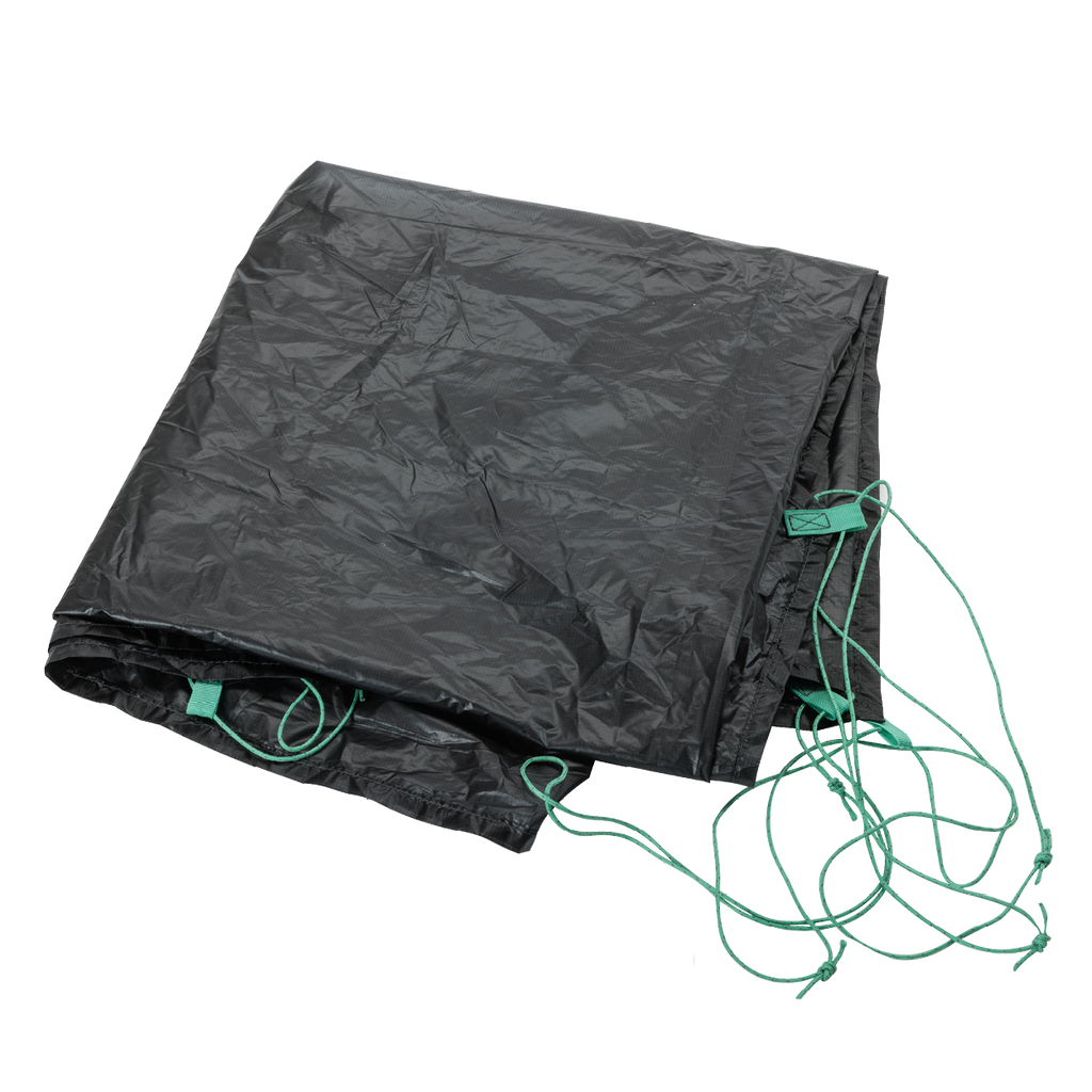 The Big Agnes Returns Sarvis VST 3 Footprint, a black tent floor with attached green cords, is displayed against a plain white background.