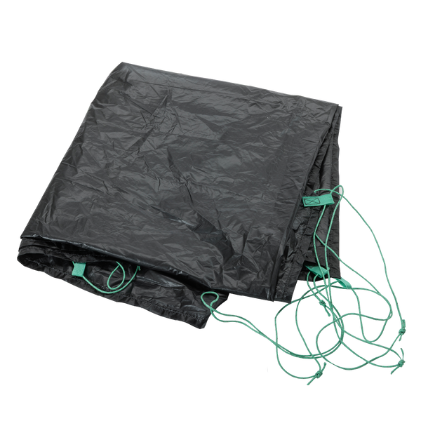 The Big Agnes Returns Sarvis VST 3 Footprint, a black tent floor with attached green cords, is displayed against a plain white background.