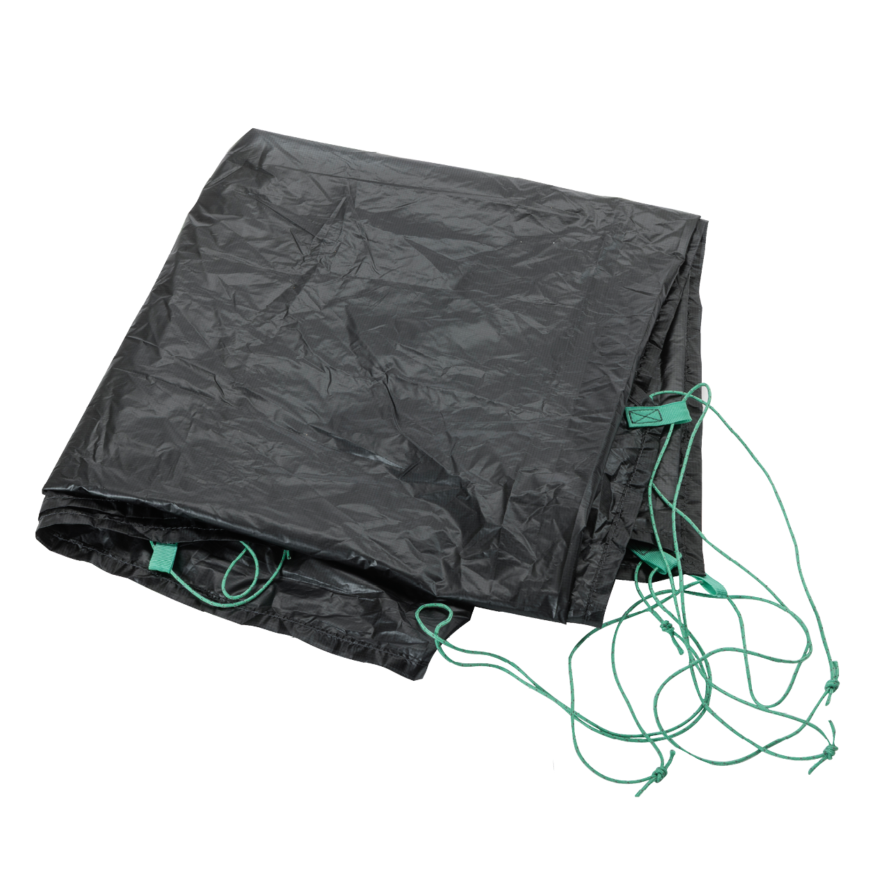 The Big Agnes Sarvis VST 3 Footprint, a black tent floor with attached green cords, is displayed against a plain white background.