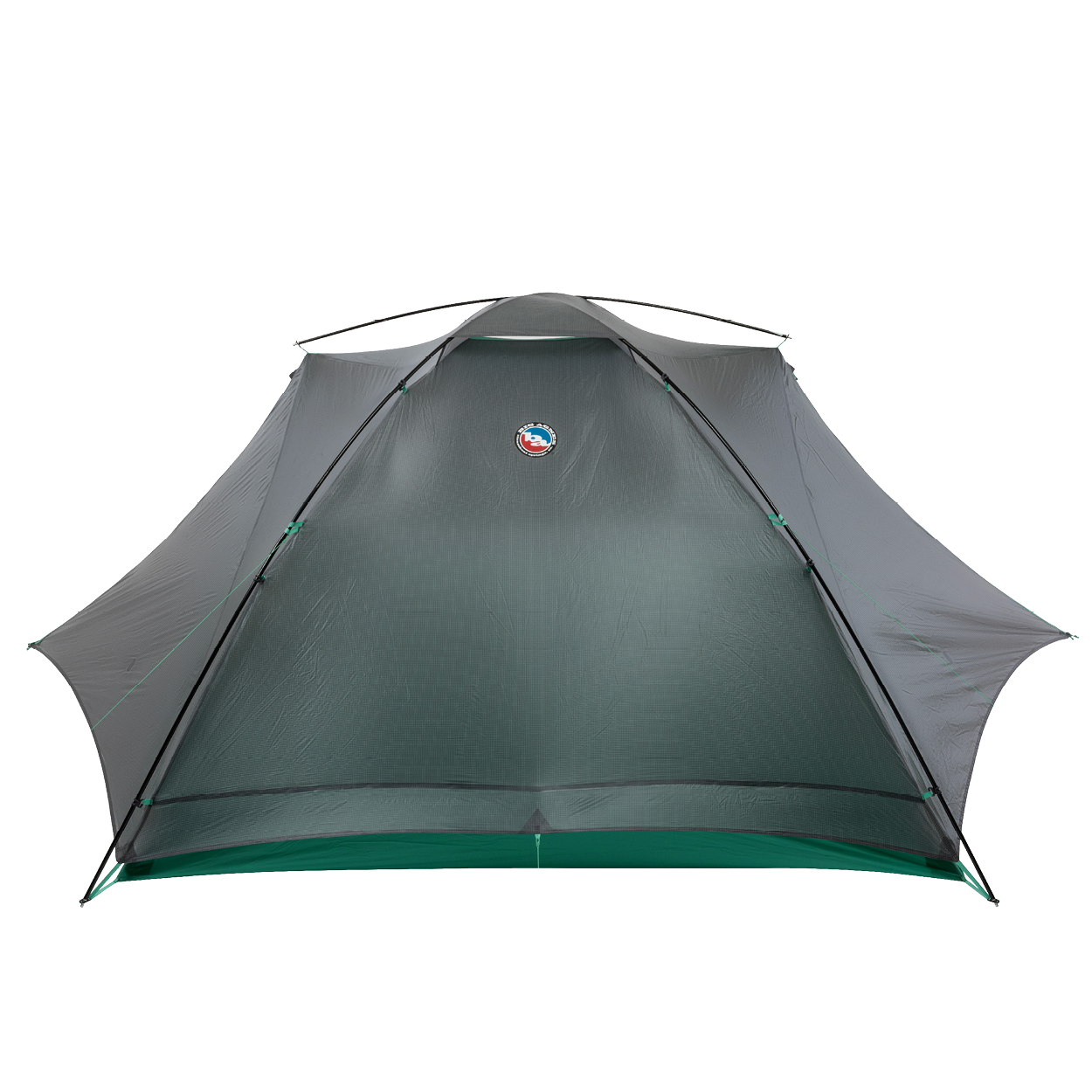 The Big Agnes Sarvis VST 2, an ultralight gray and green tent with a mesh body and logo near the top center, is fully set up and shown from the front against a white background.