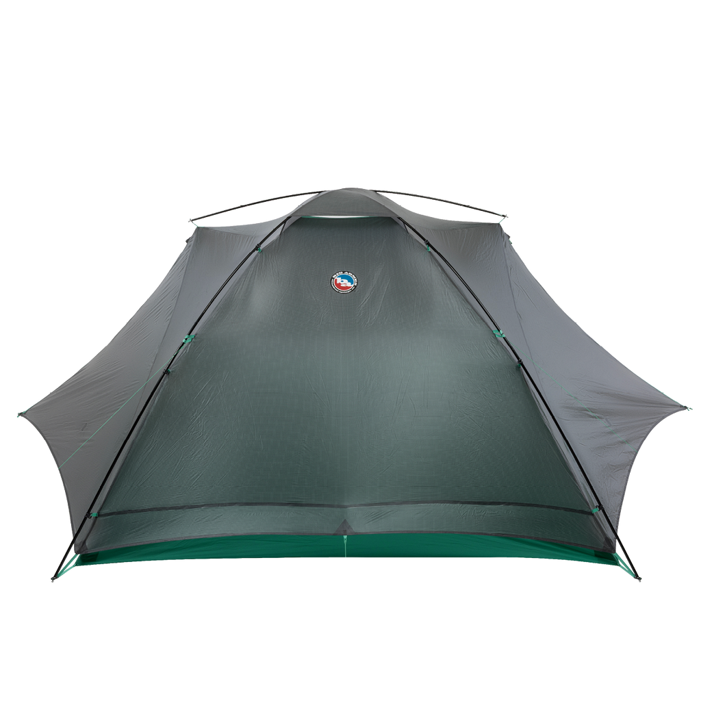The Big Agnes Returns Sarvis VST 2, an ultralight gray and green tent with a mesh body and logo near the top center, is fully set up and shown from the front against a white background.