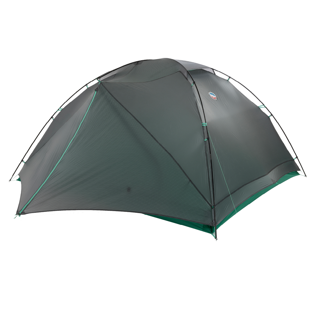 A dark green, dome-shaped Big Agnes Returns Sarvis VST 2 tent is pitched on a plain white background, showcasing its rainfly and supporting poles for a reliable ultralight shelter.