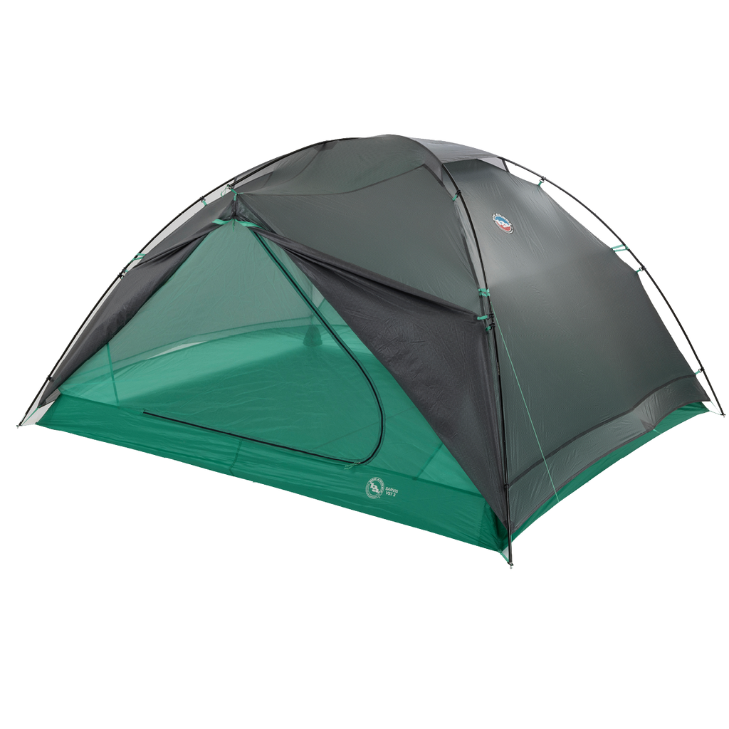 The Big Agnes Returns Sarvis VST 2 is a green and dark gray dome-shaped tent with mesh panels, flexible poles, a zippered door, and ultralight Hyperbead fabric, shown pitched on a white background.